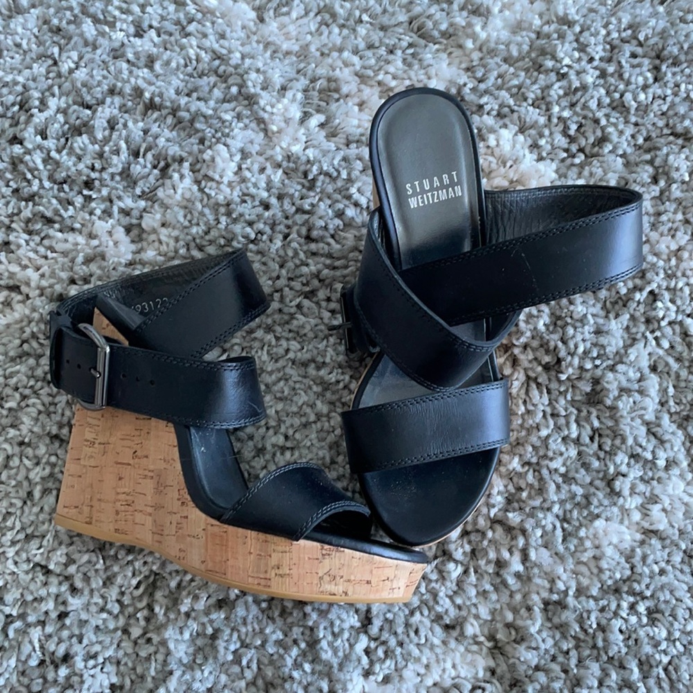 NWT Stuart Weitzman Black Strappy Wedges - Size 5